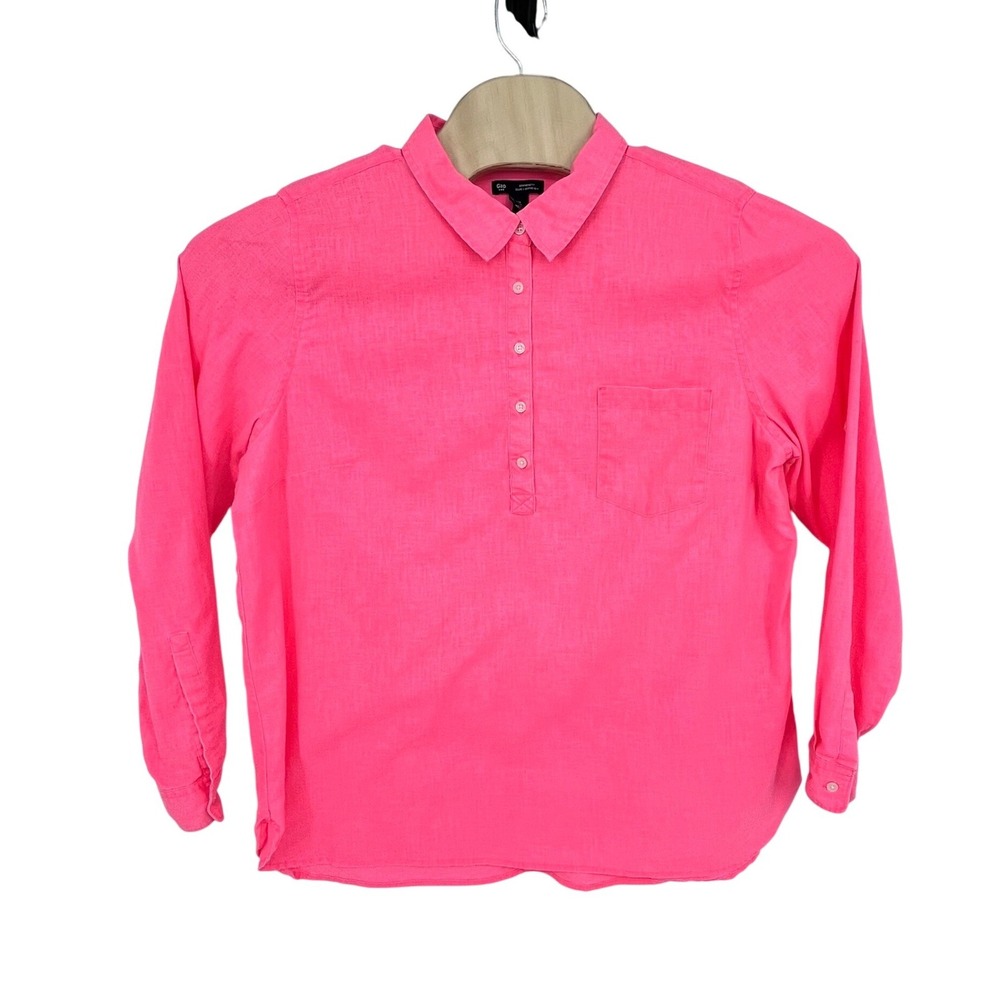 Gap Popover Shirt Women XL Neon Coral Linen Blend Roll Tab Boyfriend Fit Resort